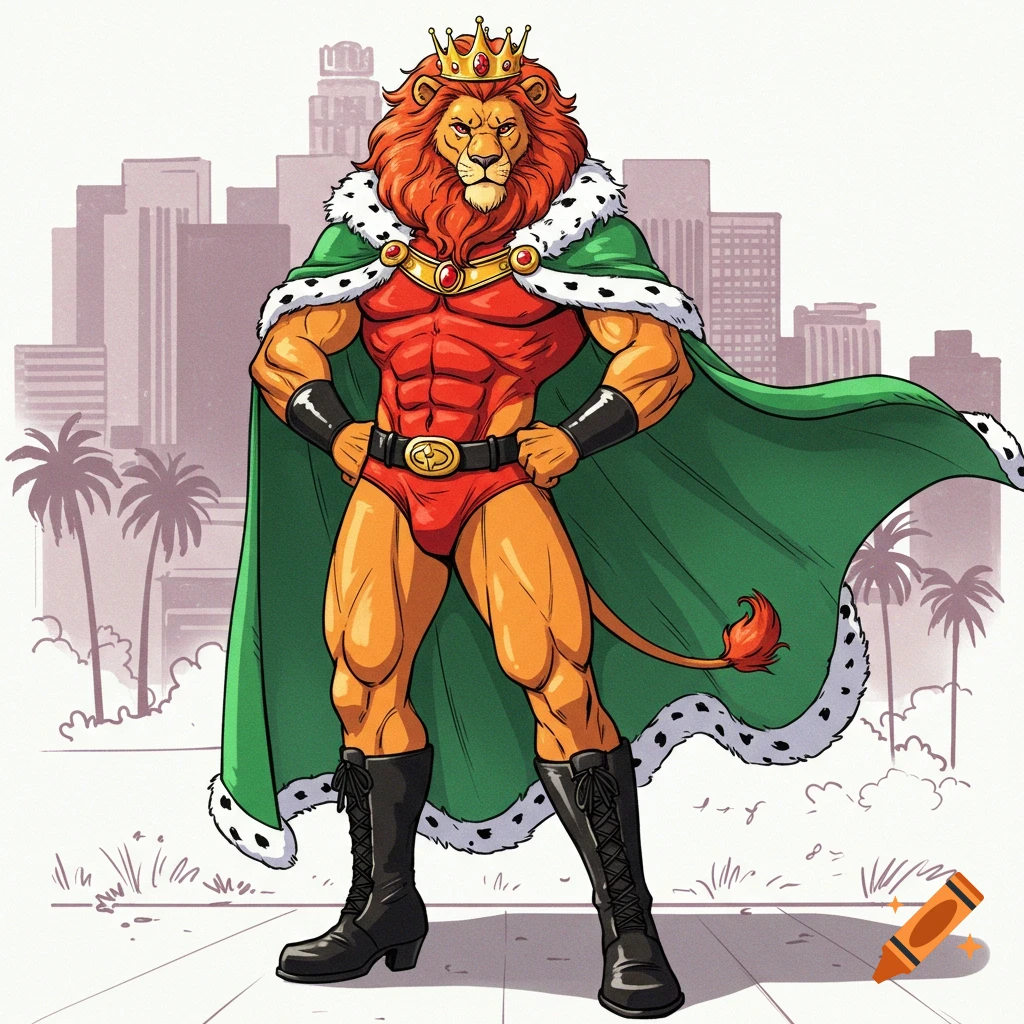 Comic book style illustration of a muscular anthropomorphic lion king with a crown, green cape, and red speedo, standing against a city skyline.