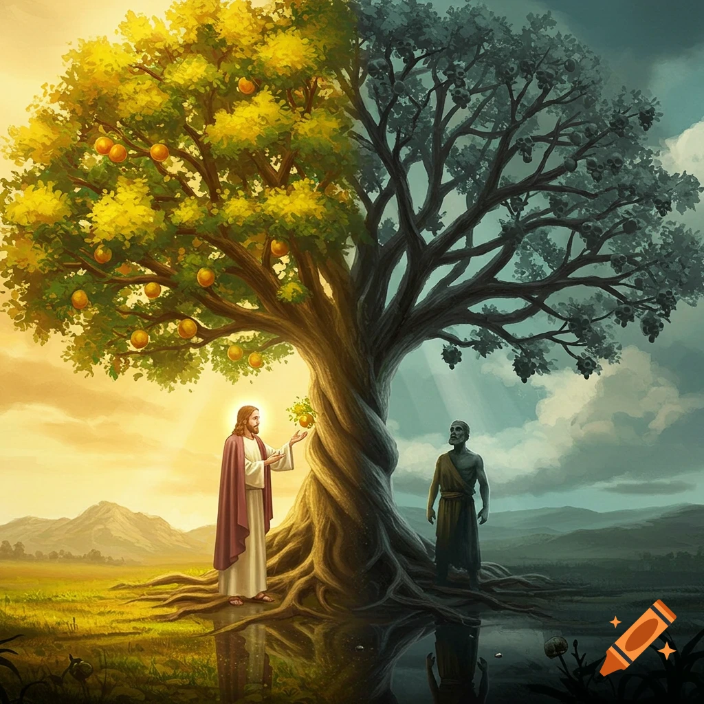 Illustrative painting of a large tree split in two; one side lush with golden fruit and Jesus, the other dark with skulls and a man. Reflected in water.