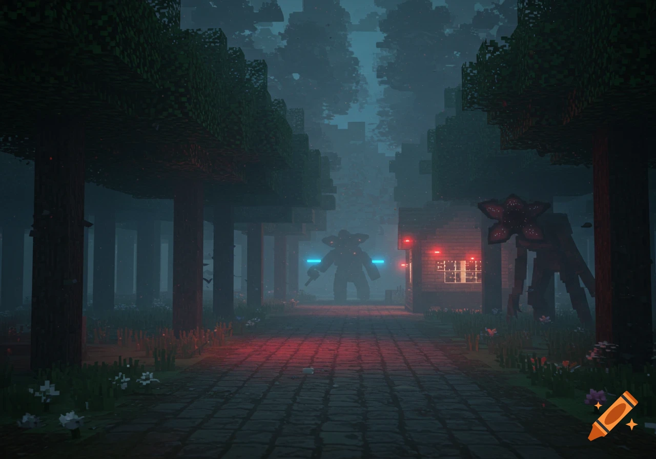 Minecraft-style spooky forest path with Demogorgon-like creatures, a house with red lights, and thick fog.