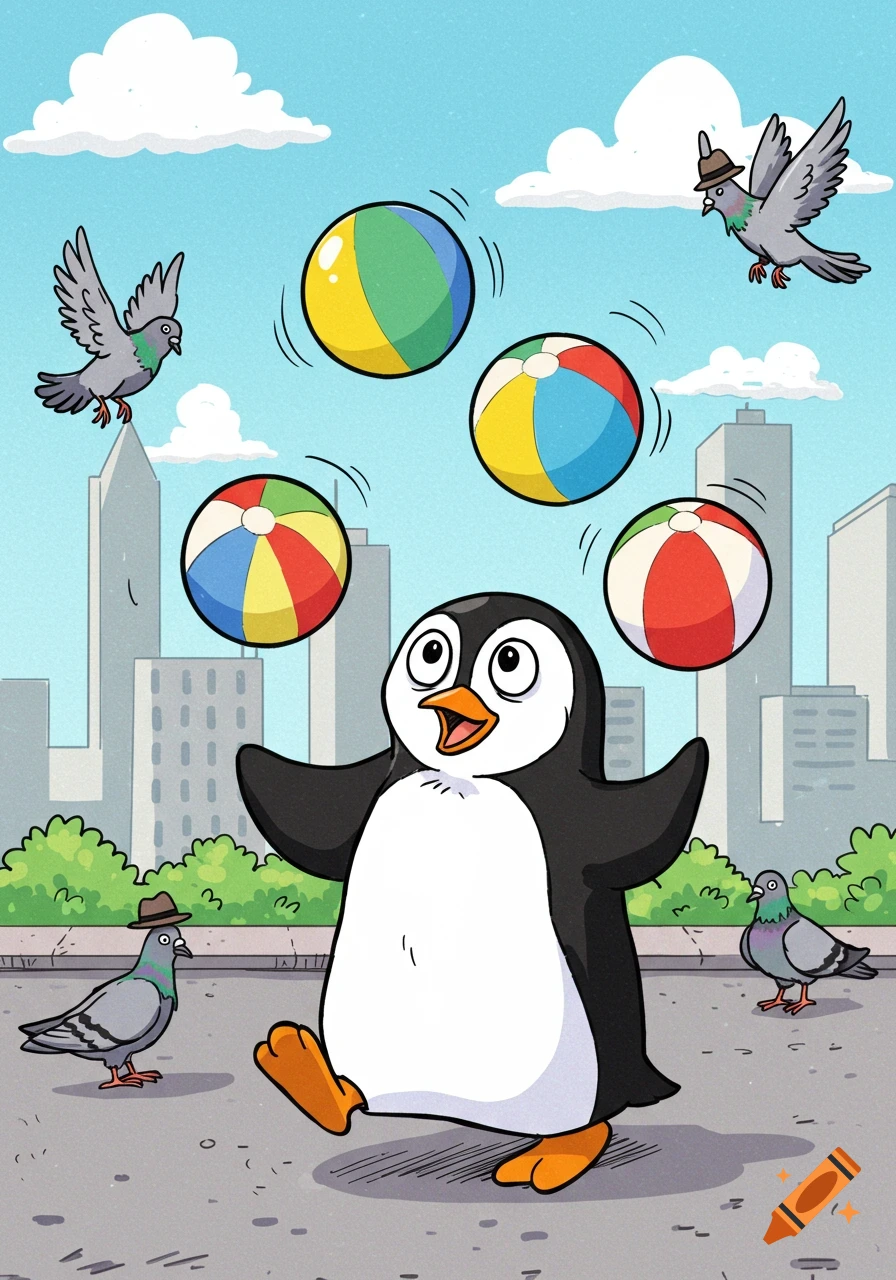 A cartoon penguin juggles colorful beach balls on a city street with pigeons flying and standing around.