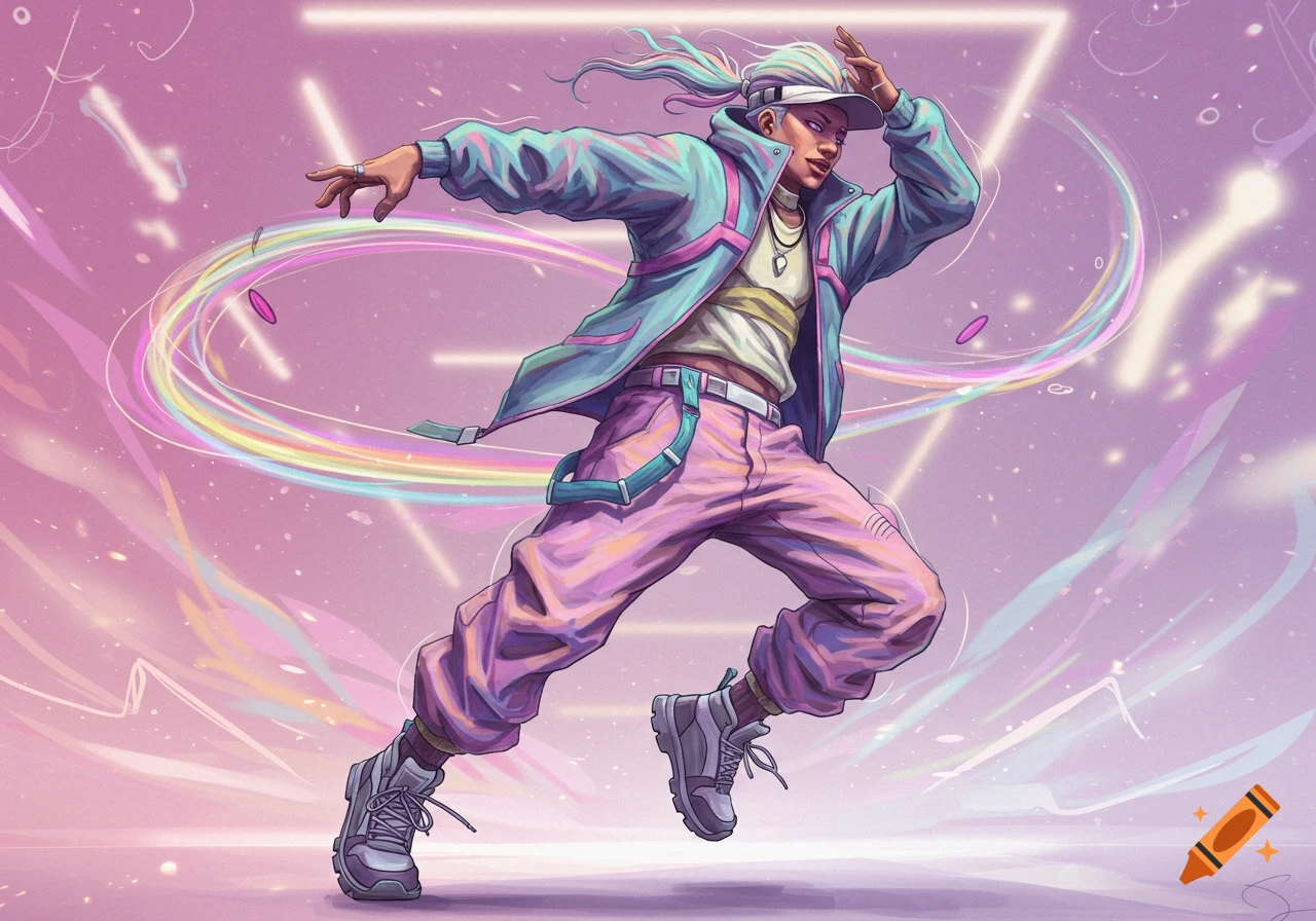A person in pastel streetwear does a dynamic dance pose against a vibrant abstract background with glowing lines.