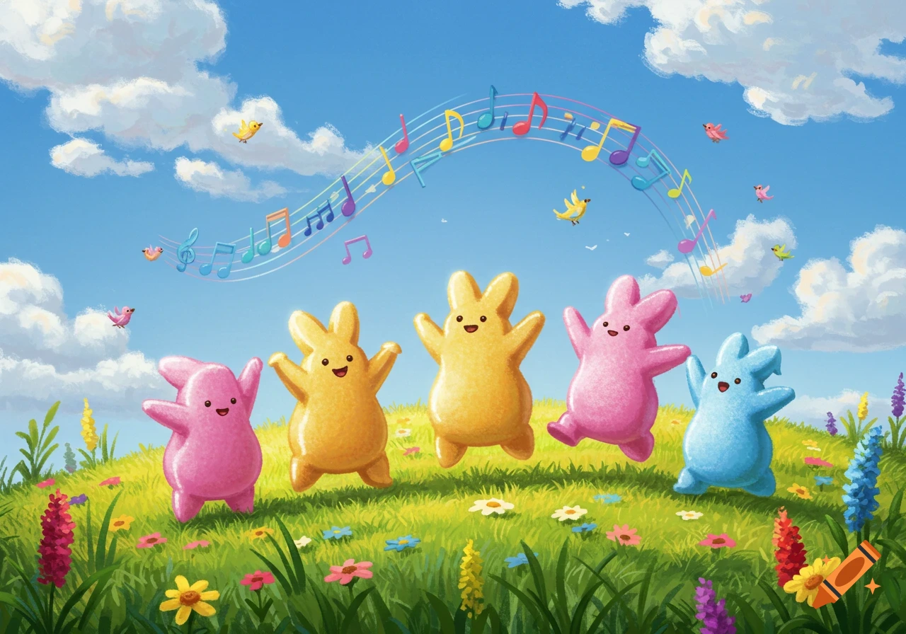Colorful cartoon Peeps bunnies dancing on a grassy hill with musical notes floating in a bright blue sky.
