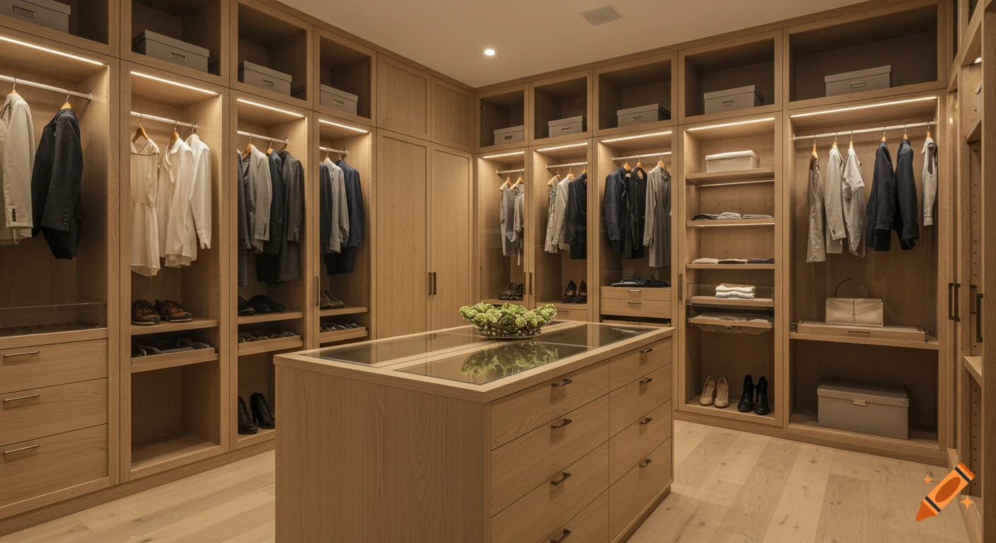 Luxurious modern walk-in closet with light oak cabinetry, LED lighting, and a central glass-top island, filled with organized clothes and shoes.