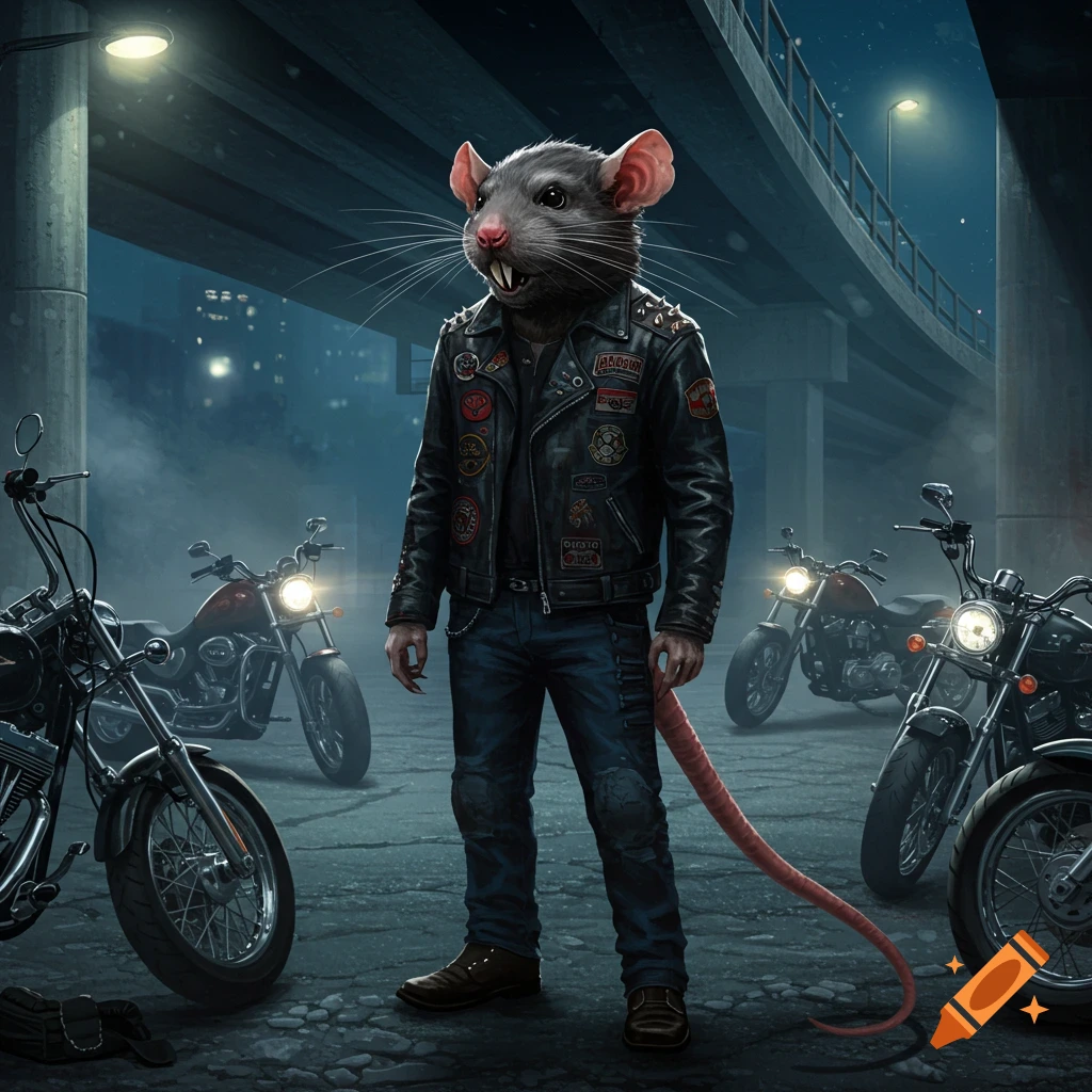 An anthropomorphic rat in a biker jacket stands amongst motorcycles in a dark, urban alley under an overpass.