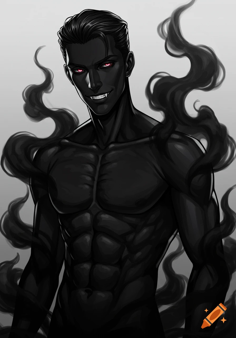 Anime-style male character with pitch black skin, glowing red eyes, fangs, muscular physique, and an aura of black smoke.