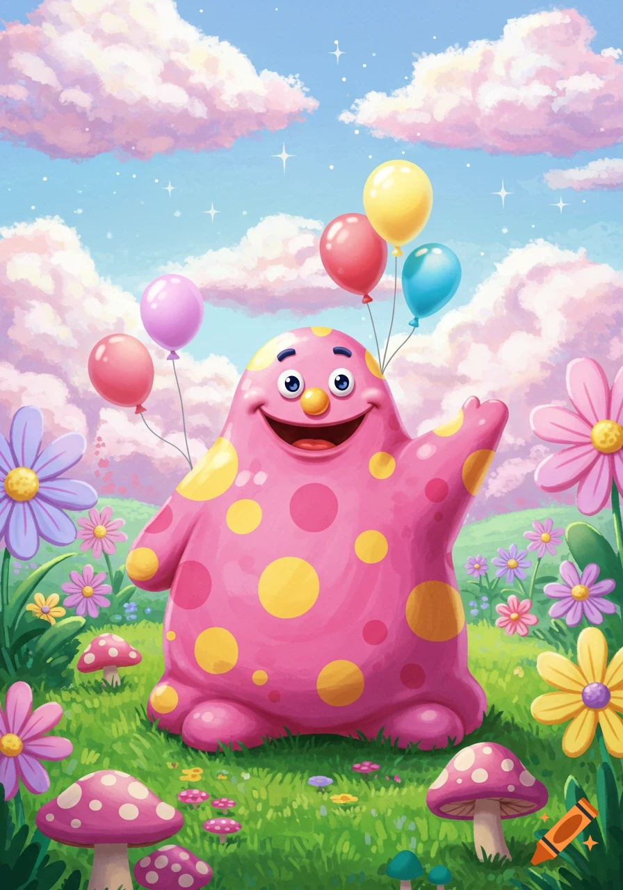 A cheerful pink blob with yellow polka dots waves, holding colorful balloons in a whimsical field of flowers and mushrooms under a bright sky.