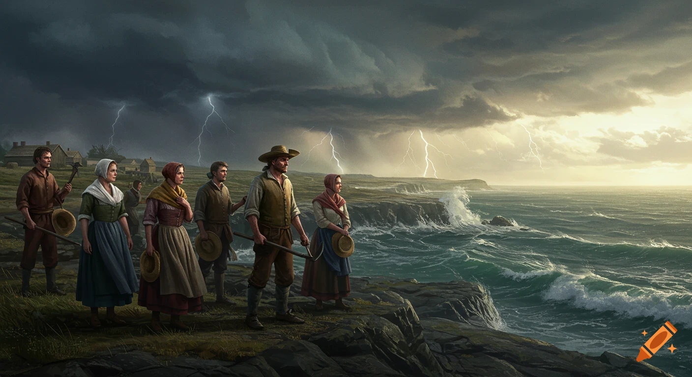 Colonial farmers and townsfolk stand on cliffs, gazing at a stormy ocean with lightning in the distance.