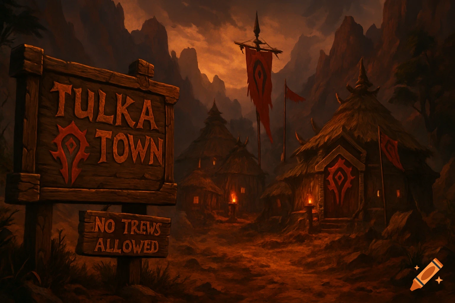 A dark, stylized fantasy town inspired by World of Warcraft Horde, with a wooden sign reading "TULKA TOWN" and "NO TREWS ALLOWED".