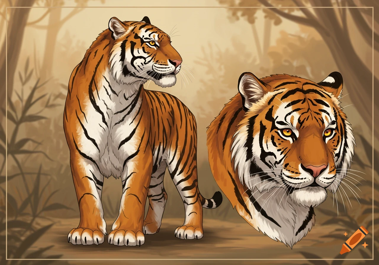 An illustration of a tiger with a full body view and a detailed headshot, set against a blurred jungle background.