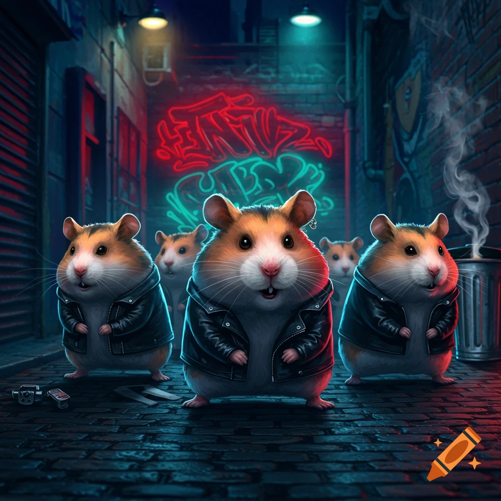 A group of cute hamsters wearing leather jackets in a dark, neon-lit alley with graffiti.