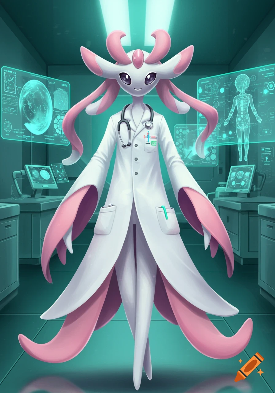 White and pink alien doctor creature with a stethoscope in a sci-fi laboratory with glowing screens.