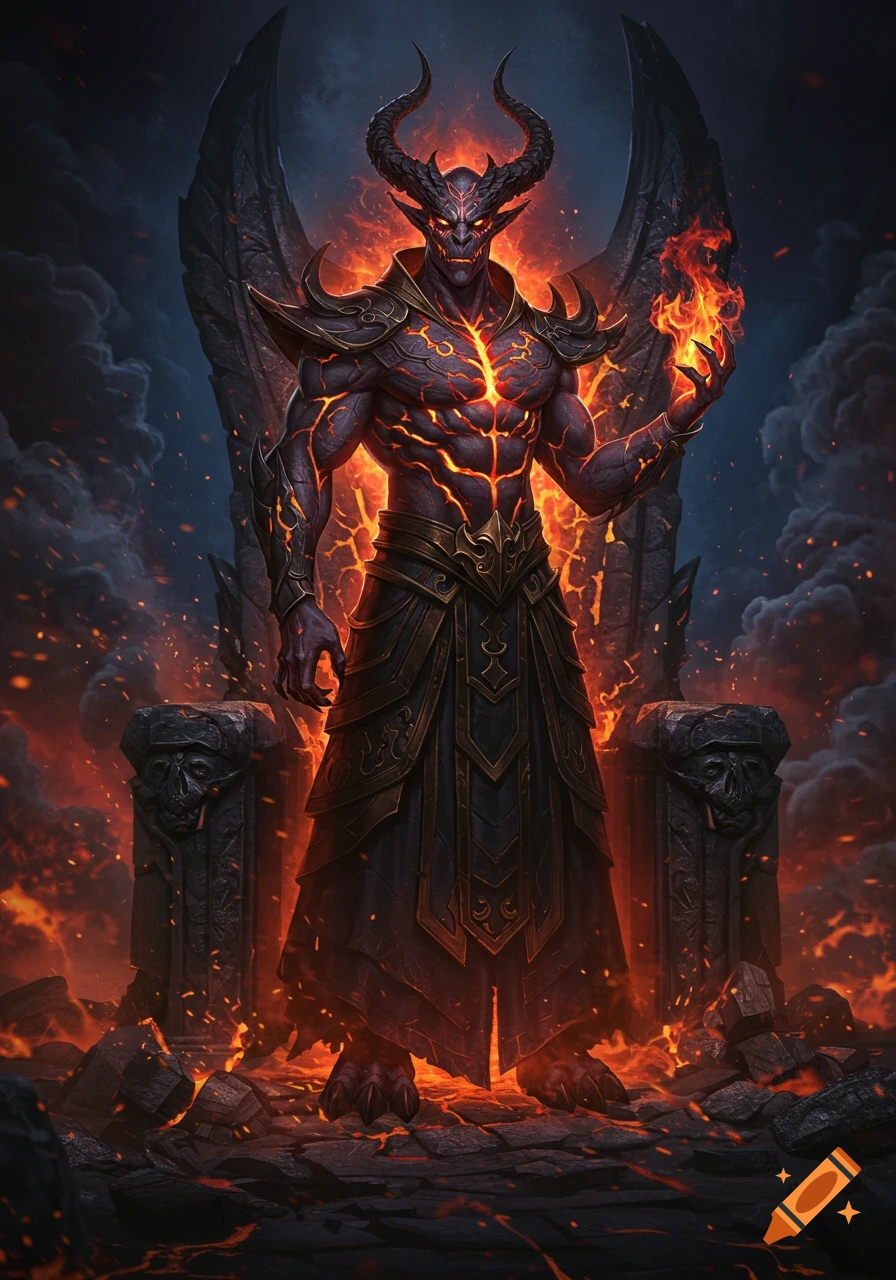 A powerful, horned demon with glowing lava skin stands in a fiery, smoke-filled hellscape, holding a fireball.