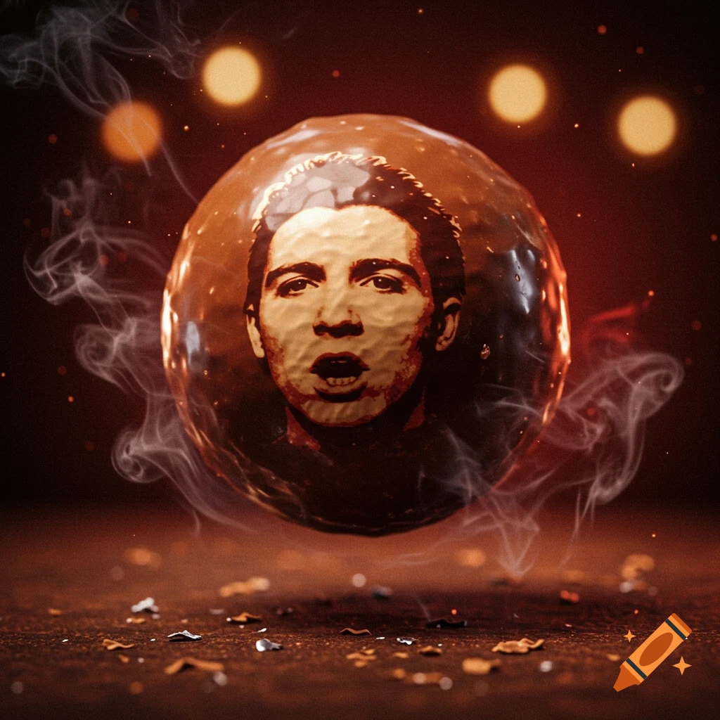 A man's face depicted on a floating chocolate malteser orb surrounded by smoke on a dark, reflective surface.