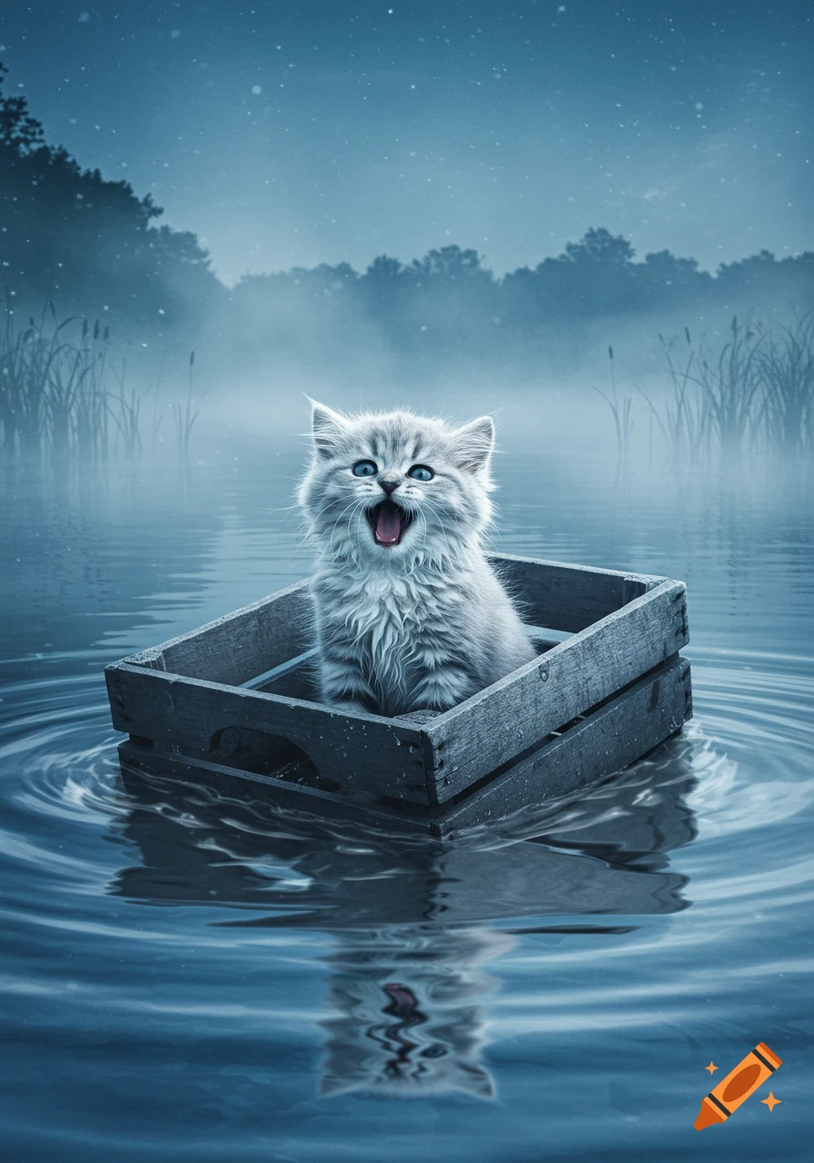 A fluffy grey kitten with blue eyes screams while floating in a wooden box on a misty lake under a dark sky.
