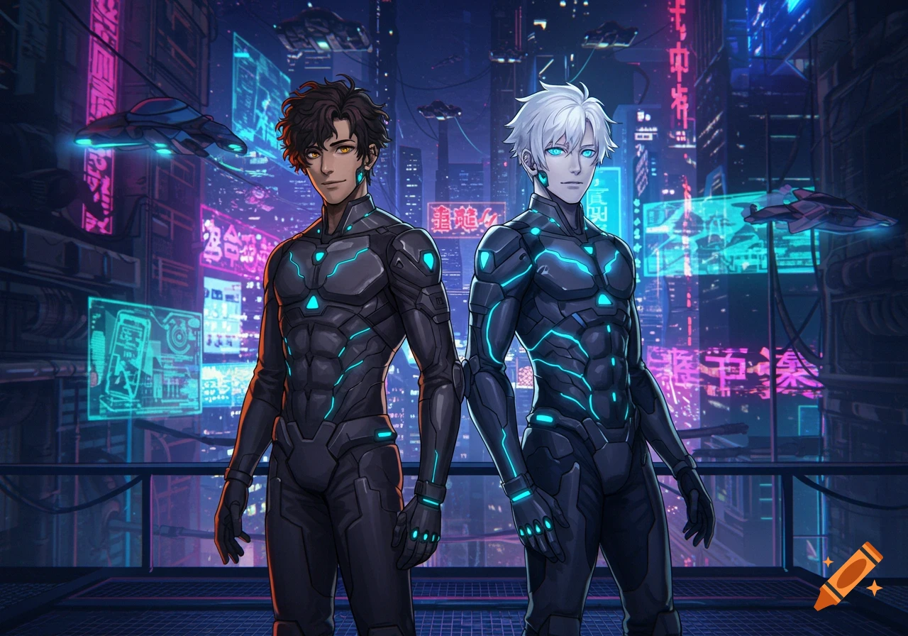Two anime men in glowing futuristic suits stand in a neon-lit cyberpunk city with flying vehicles.