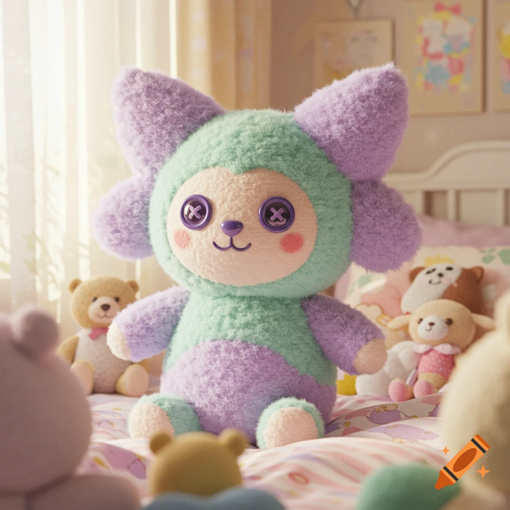 A cute mint green and purple plush toy with button eyes sits on a bed, surrounded by other stuffed animals in a sunlit room.