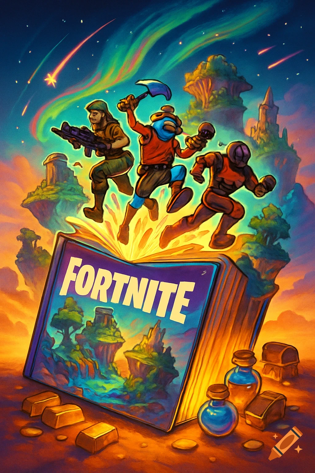Vibrant, stylized art of Fortnite characters jumping from an open book with "FORTNITE" title, surrounded by fantasy islands, gold, and potions.