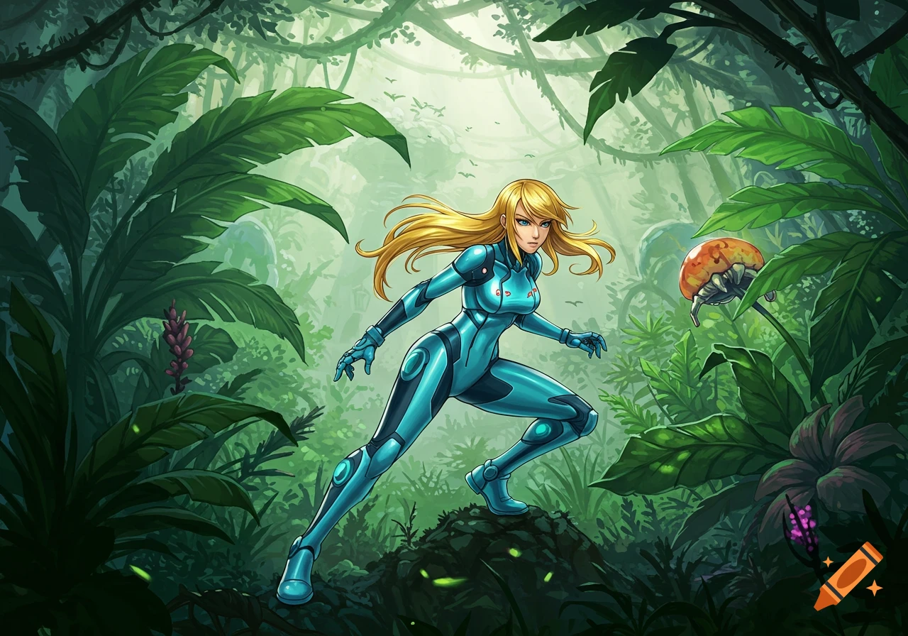 Anime-style Zero Suit Samus in a vibrant jungle with large leaves and an alien plant.
