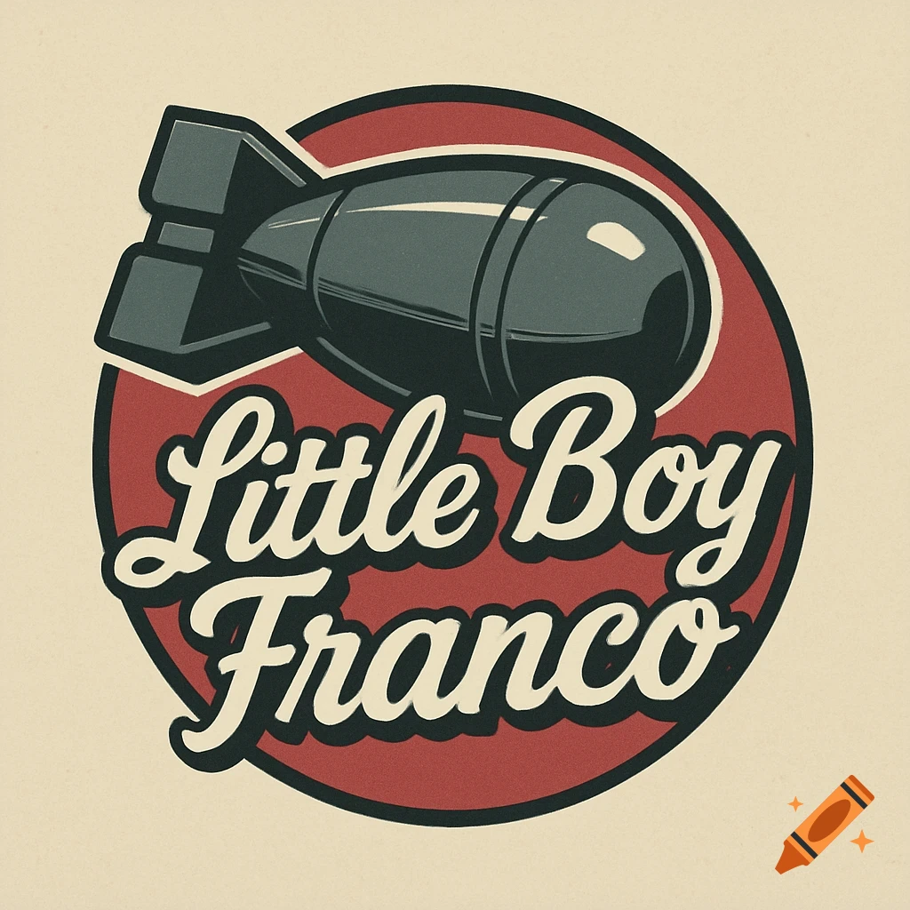 A vintage 1950s logo featuring a dark bomb and the text "Little Boy Franco" on a red circle with a cream background.