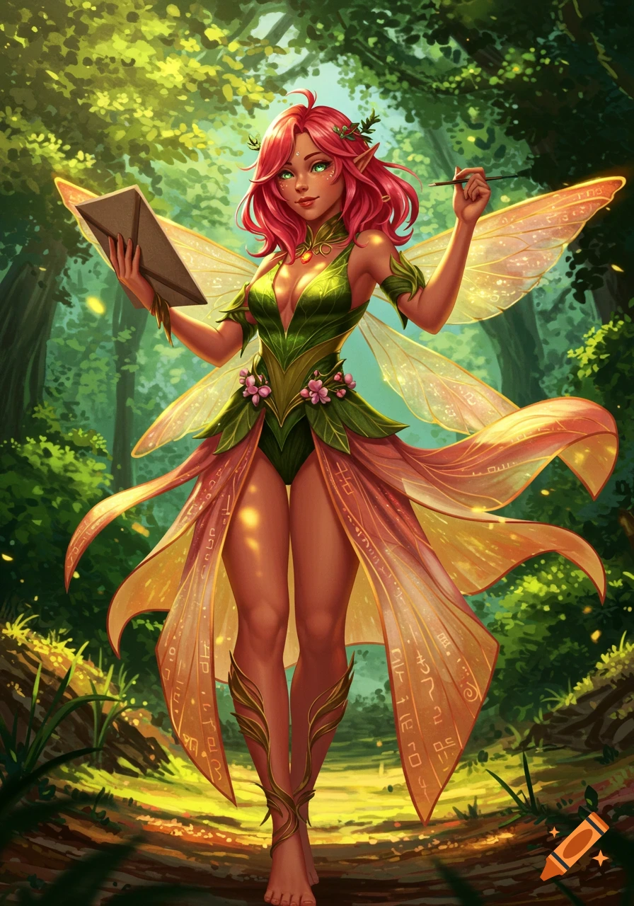 A vibrant fantasy illustration of a red-haired, tan-skinned fae with green eyes, wearing a flowing green and orange leaf outfit with ornate symbols on her skirt. She holds a book and a quill in a lush forest setting.