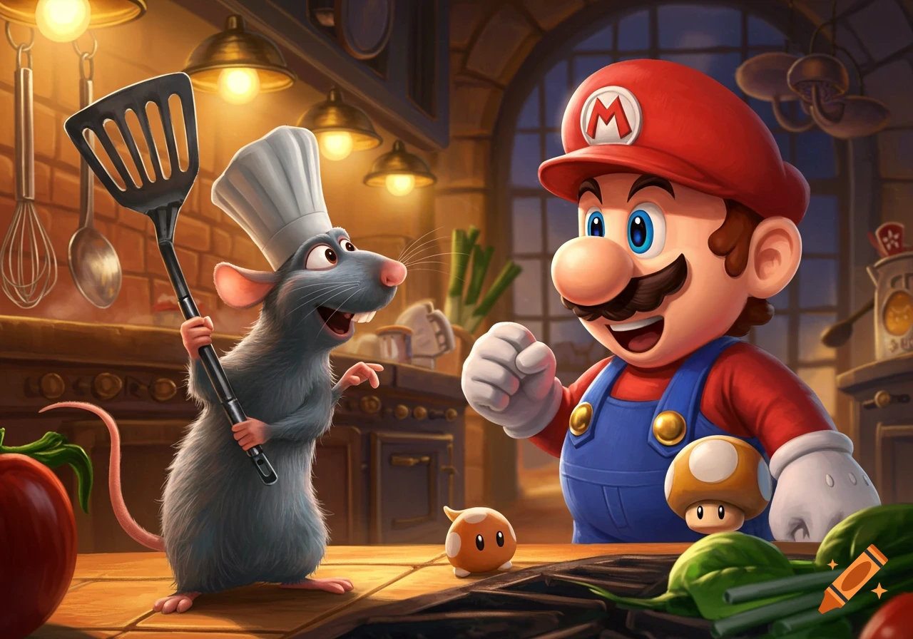 Remy the rat in a chef's hat holding a spatula, smiling at Super Mario in a kitchen, with mushrooms and vegetables.