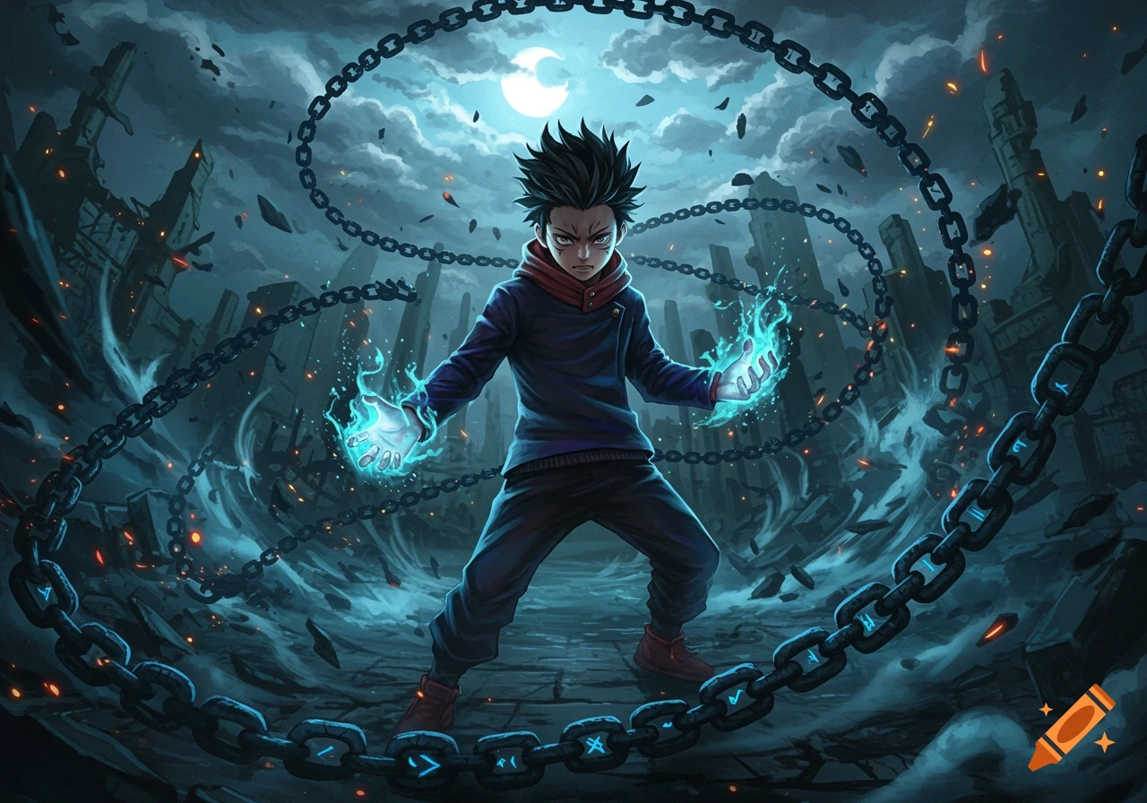 An anime-style boy with spiky black hair stands amidst ruins under a moon, his hands glowing cyan, surrounded by magical chains.