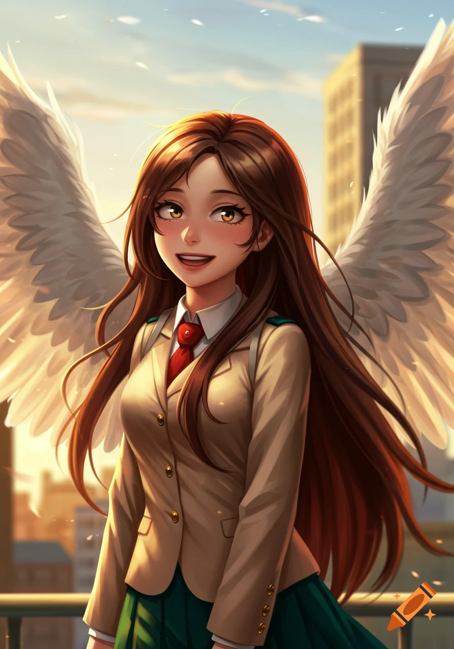 A smiling anime girl with long brown hair and white wings wears a school uniform against a sunny city skyline.