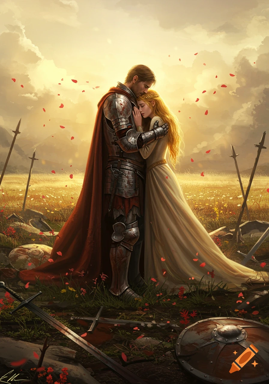 A knight in bloody armor embraces a woman with long blonde hair in a field with fallen weapons and red petals at sunset, fantasy art style.