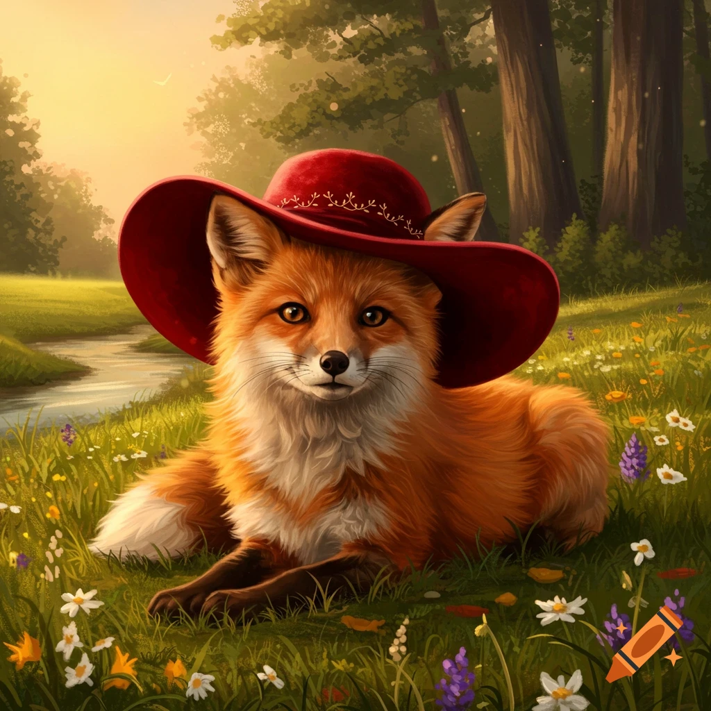A cute fox wearing a red hat lies in a sunny meadow full of wildflowers, with a stream and forest in the background, digital painting.
