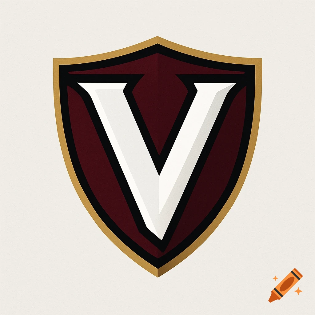 Stylized shield logo with a white letter V on a deep burgundy field, outlined in gold and black.