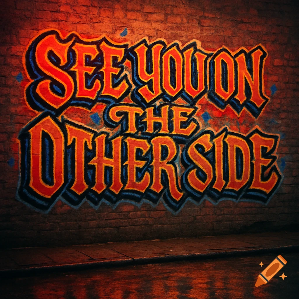 Stylized graffiti art on a brick wall reads "SEE YOU ON THE OTHER SIDE" with a wet street reflecting light below.