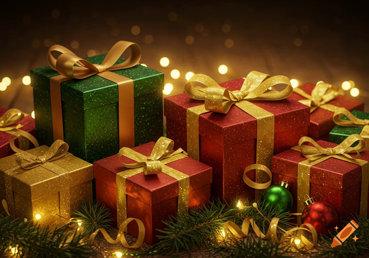 Close-up of sparkling red, green, and gold Christmas gifts with ribbons, pine needles, and bokeh lights.