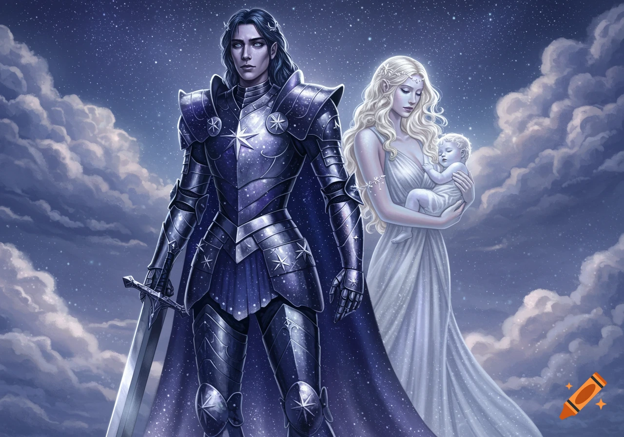 A female knight in starry armor stands beside a woman in a white dress holding a sleeping baby, under a cloudy night sky.