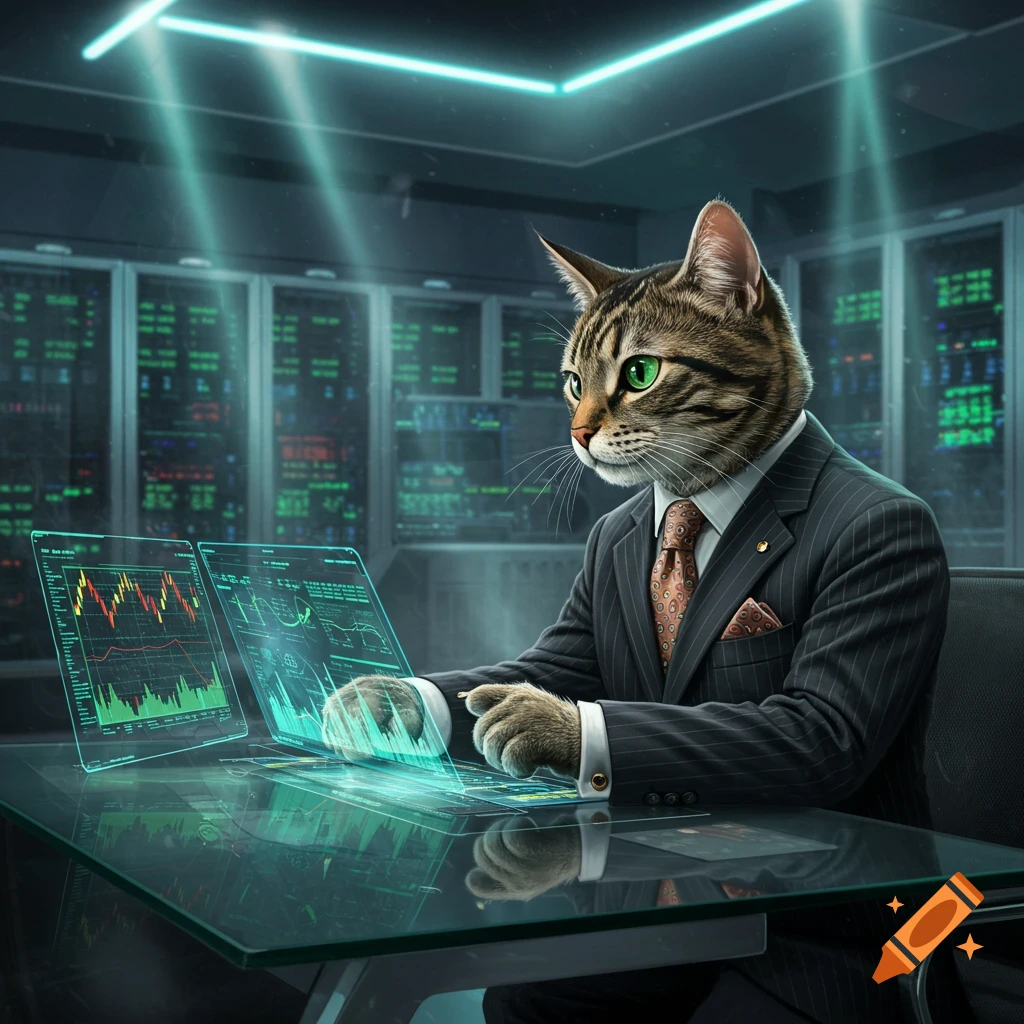 A tabby cat in a pinstripe business suit day trading on holographic screens in a futuristic server room, photorealistic.