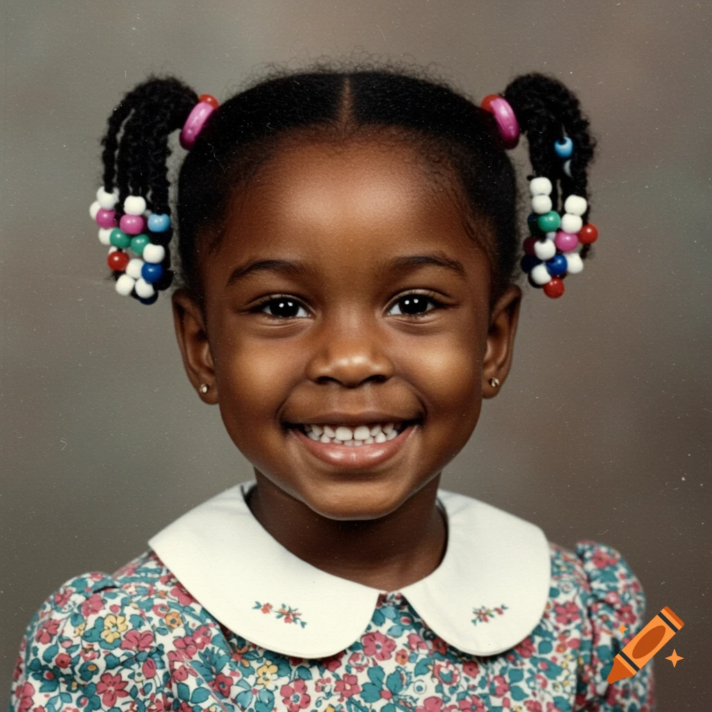 Smiling Black little girl with beaded pigtails wearing a floral dress, captured in a 1990s school yearbook photo style.