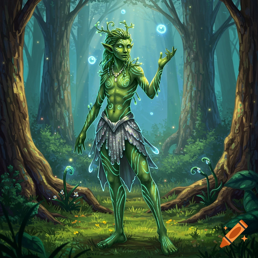 A green nature spirit character with leaf-like hair and glowing patterns on its skin stands in a magical forest, surrounded by glowing orbs.