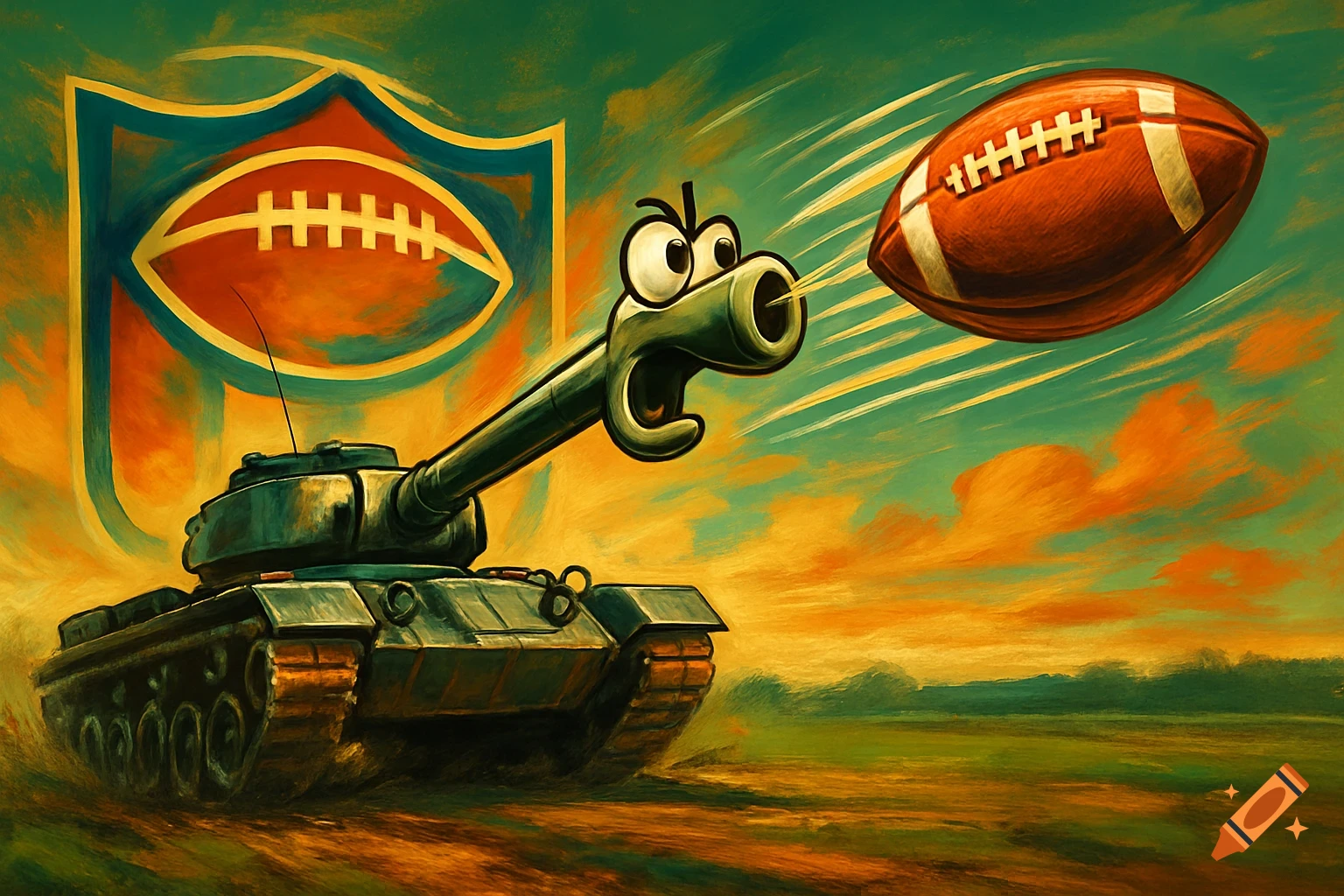 A cartoon tank with googly eyes aims its cannon at an American football, launching it across a painterly sky with a football shield logo in the background.
