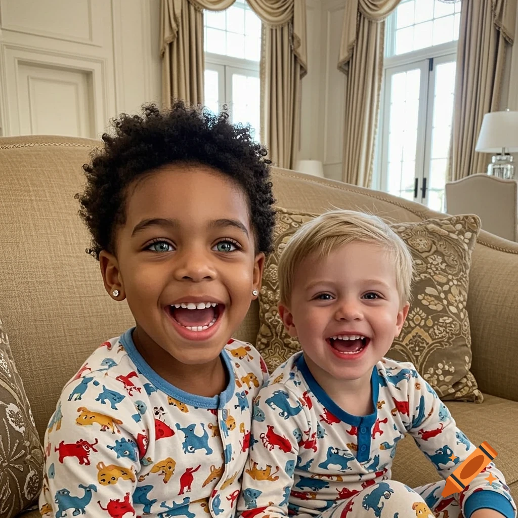 Two laughing boys in animal pajamas on a couch. One with dark curly hair and green eyes, the other with blonde hair and blue eyes.