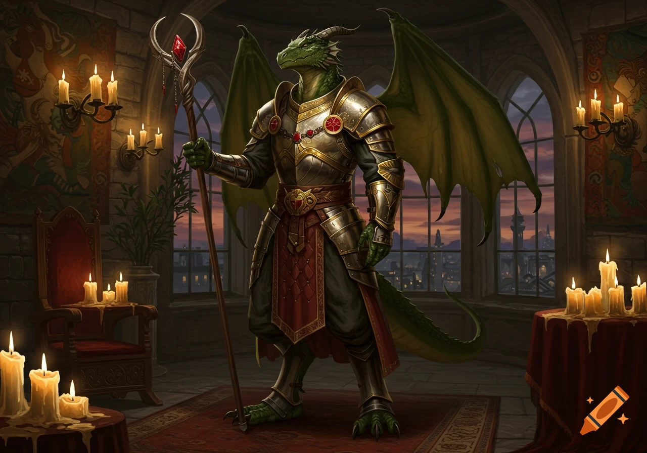 A majestic green dragonborn noble in golden armor holds a staff in a candlelit castle room overlooking a city at dusk.