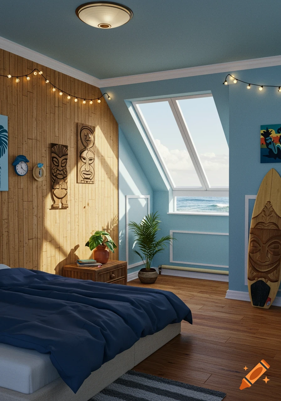 A modern retro-tiki surfer's bedroom with a dark blue bed, bamboo and blue walls, string lights, tiki decor, and an ocean view.