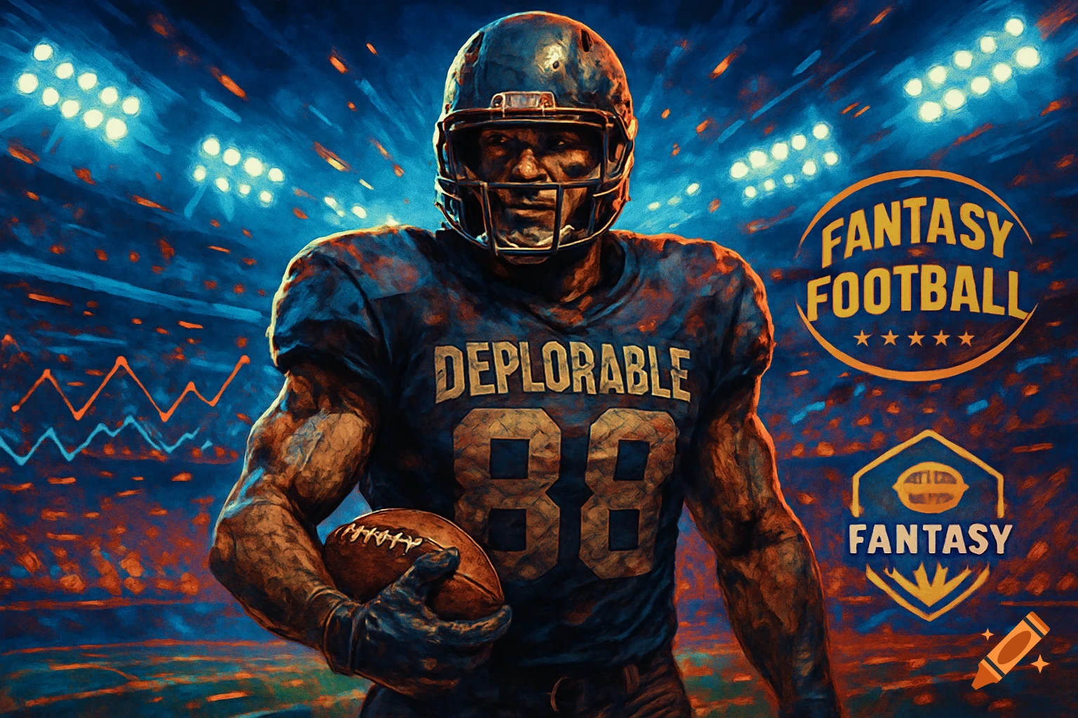 A muscular American football player in a dark blue "DEPLORABLE 88" jersey and helmet holds a football, against a stadium background with "FANTASY FOOTBALL" logos in a painterly style.