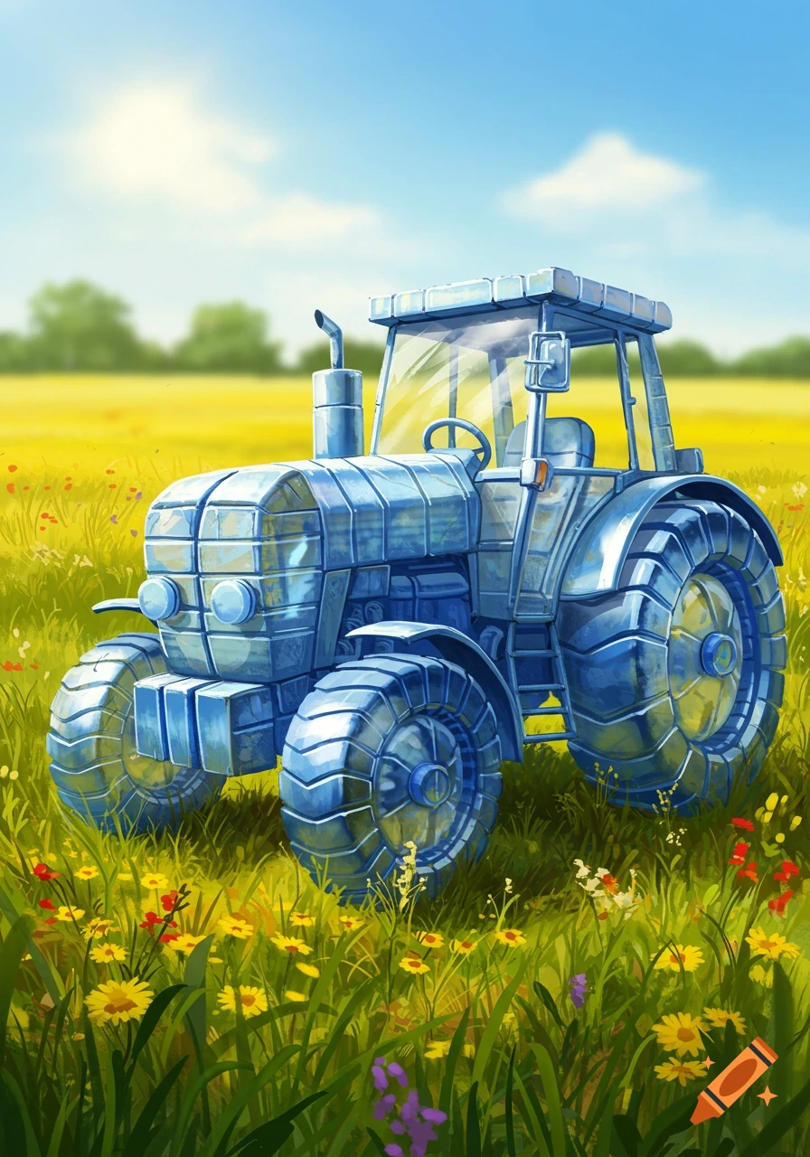 A blue tractor made of plastic bottles and caps stands in a sunny field with wildflowers under a blue sky.