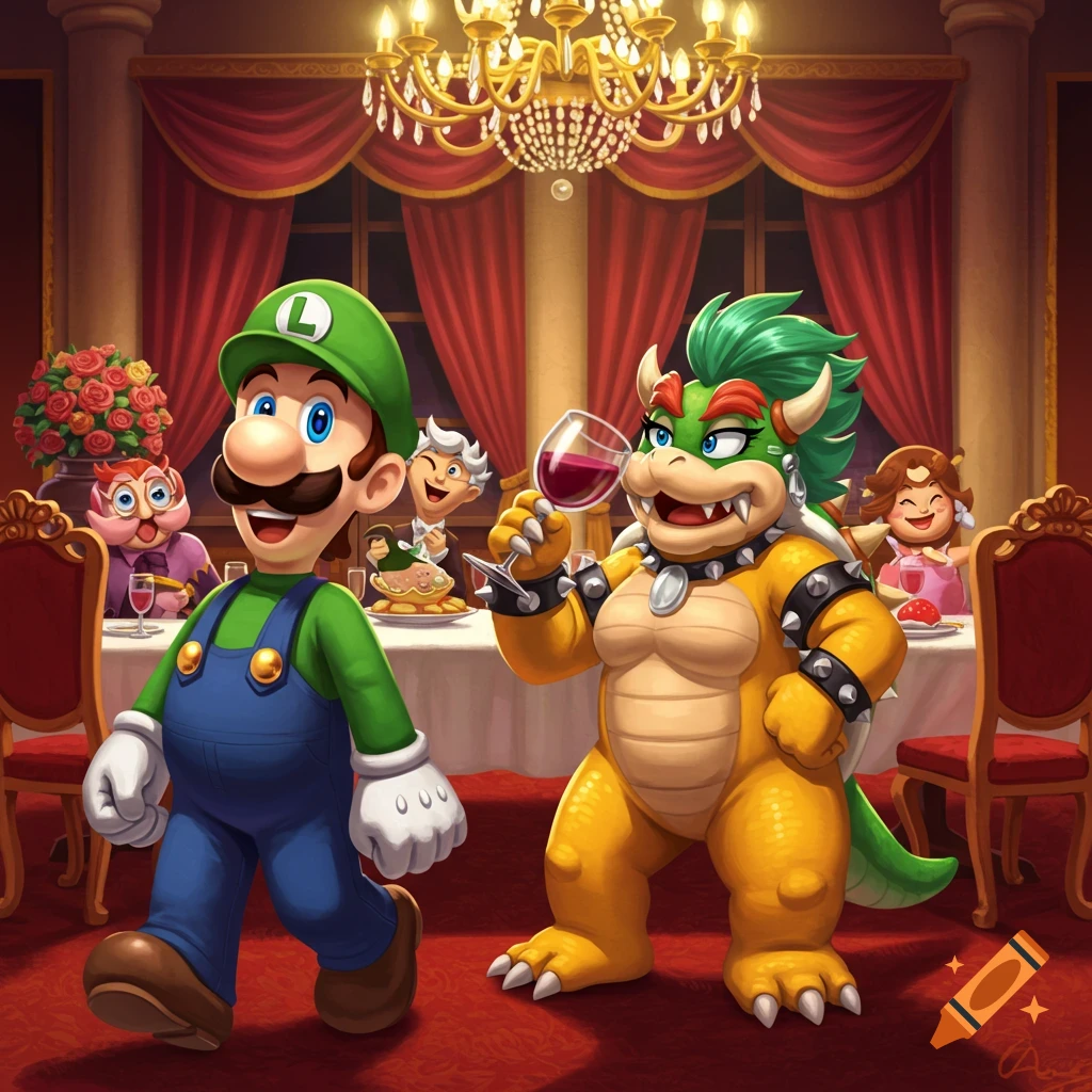 Luigi walks past Bowsette, who is drinking wine, at a fancy dinner in a cartoon style.