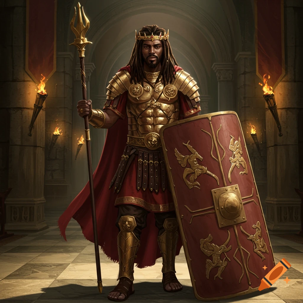 A Black king with dreadlocks in golden Roman armor and a red cape holds a spear and a shield in a torch-lit castle hall.