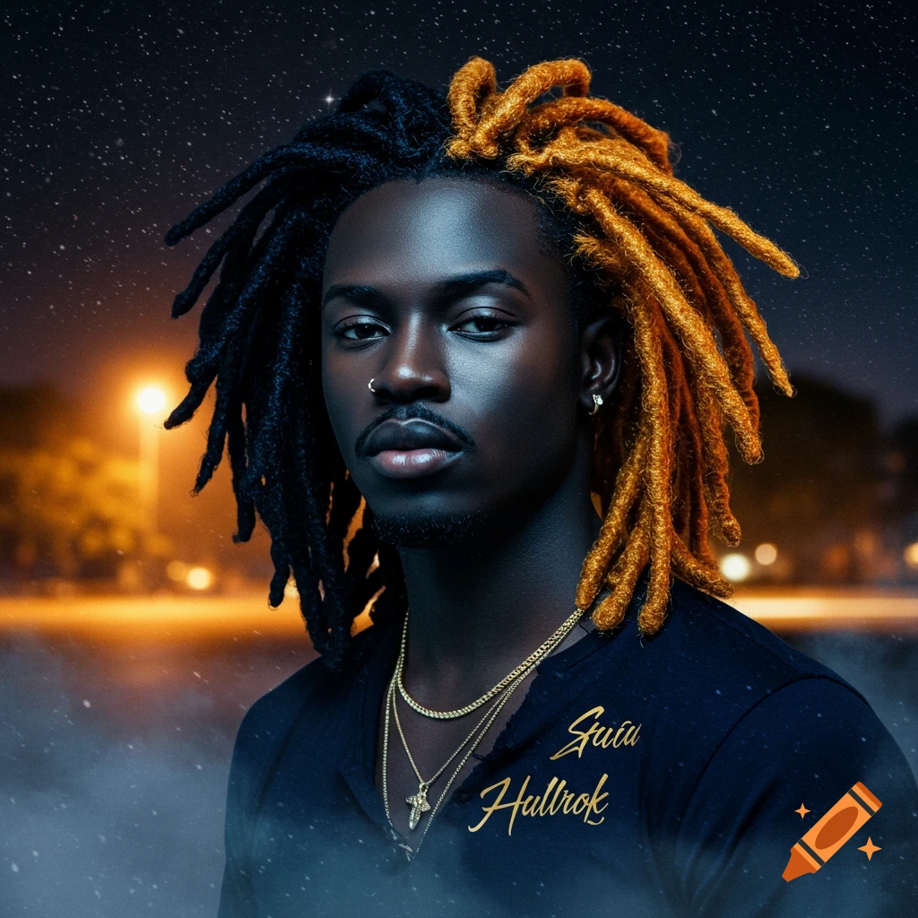 Photorealistic portrait of a Black man with half black, half blonde dreadlocks, wearing a dark shirt with gold chains, against a starry night background.