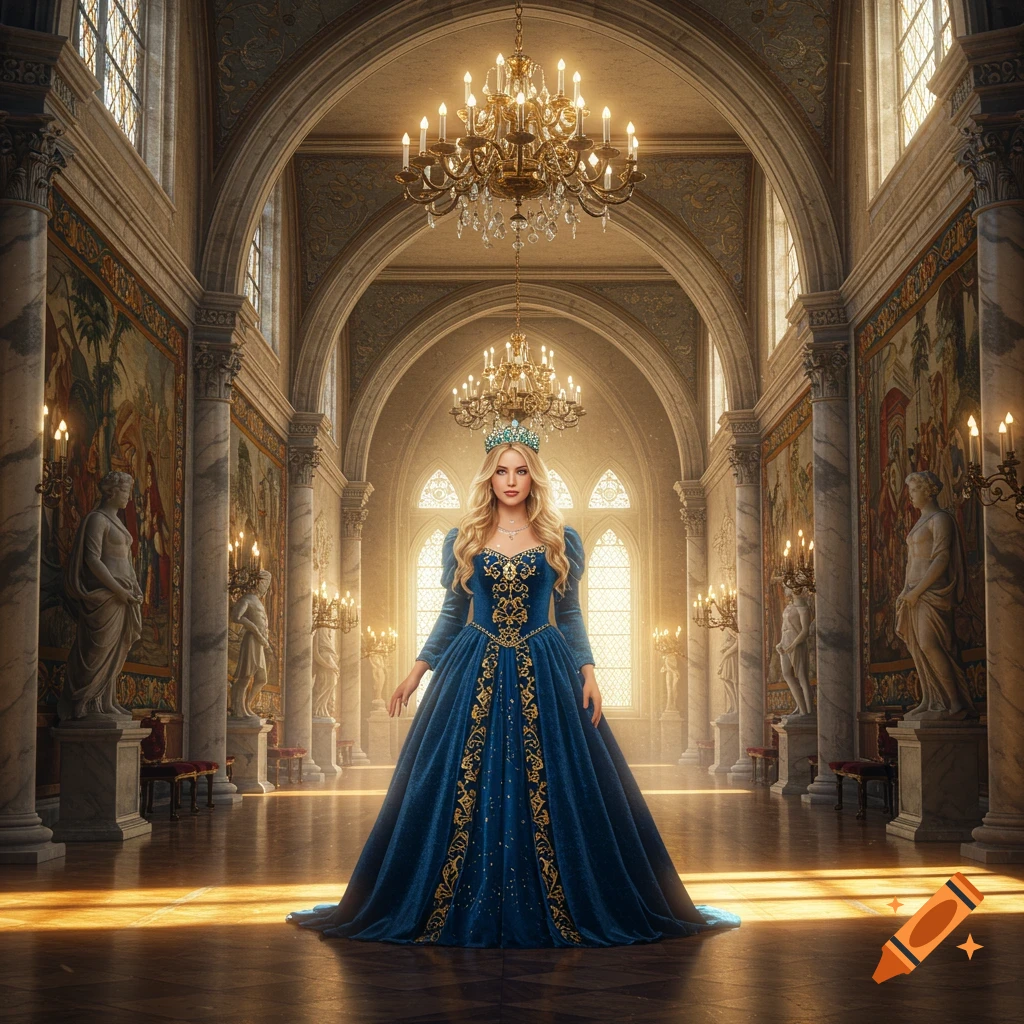 A princess in a blue ornate gown and crown stands in a grand, sunlit palace hall with chandeliers and columns.