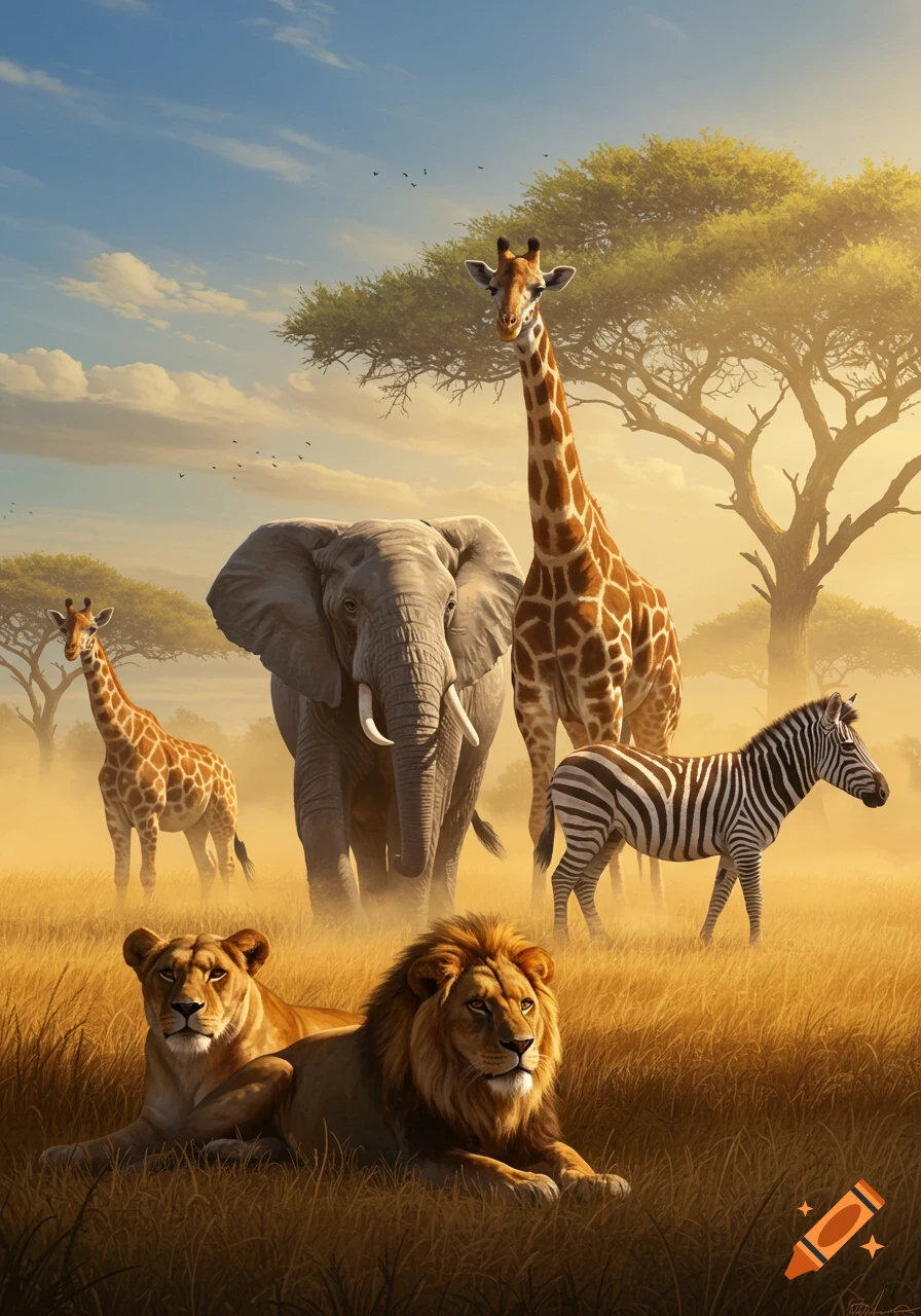 Photorealistic image of lions, an elephant, giraffes, and a zebra in a hazy African savanna at sunset.