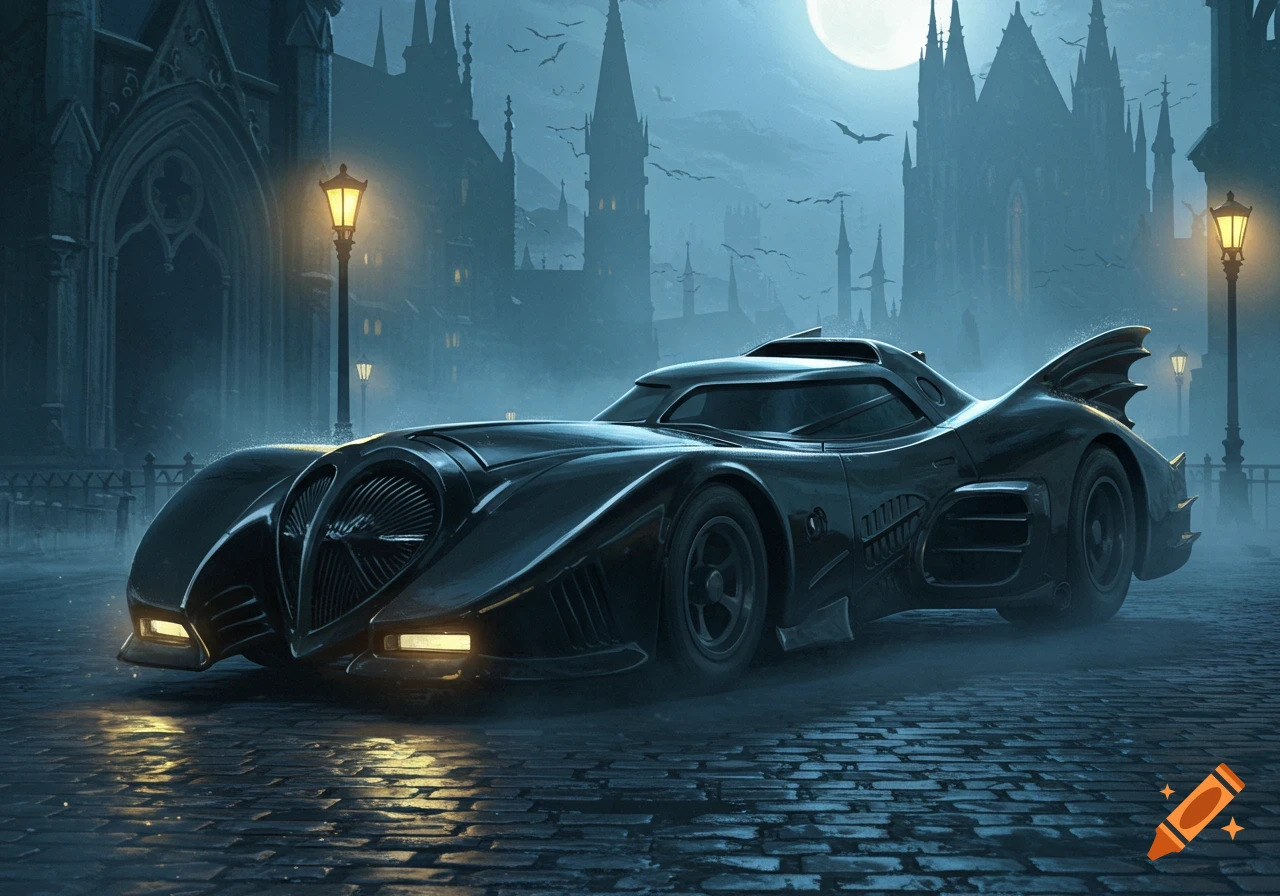 Black Batmobile-like car on a wet cobblestone street at night, with gothic buildings, streetlights, a full moon, and bats.