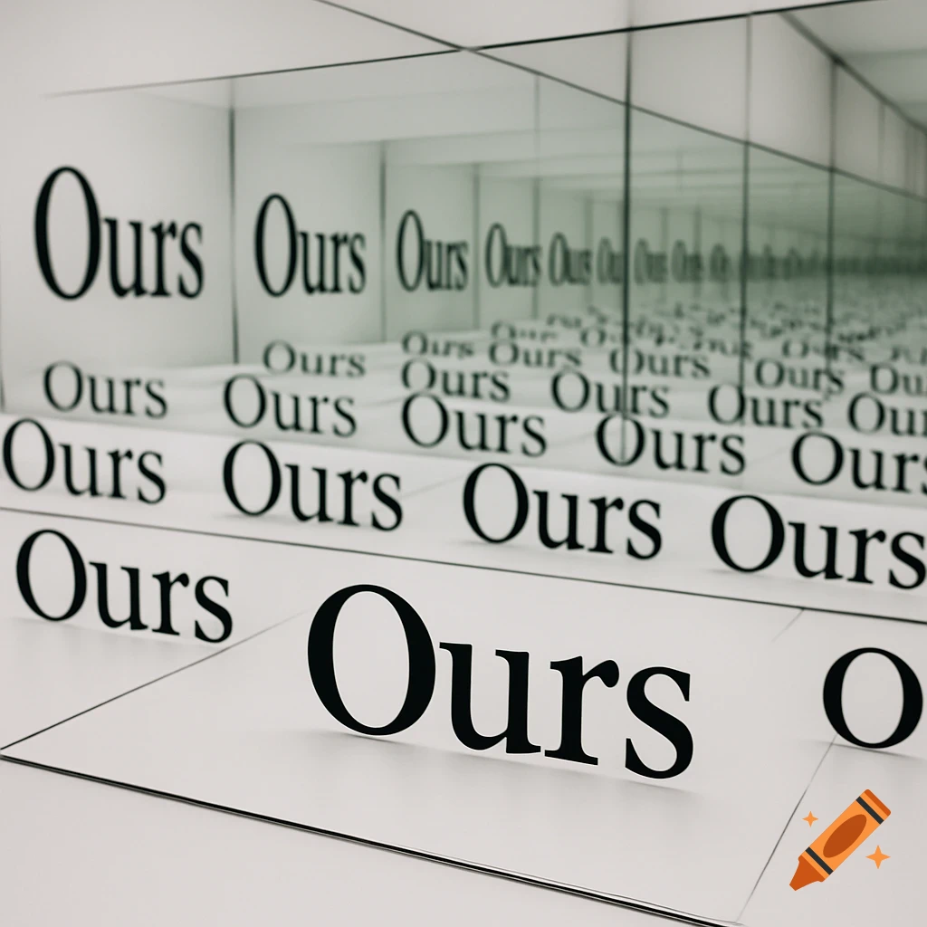 The word "Ours" repeated in an endless grid, reflected infinitely in mirrors, creating a minimalist and abstract composition.