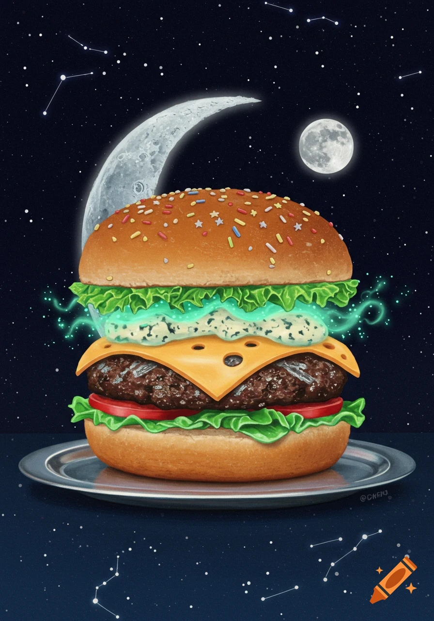 Stylized illustration of a burger with sprinkles and glowing blue sauce on a plate against a night sky with moons and constellations.